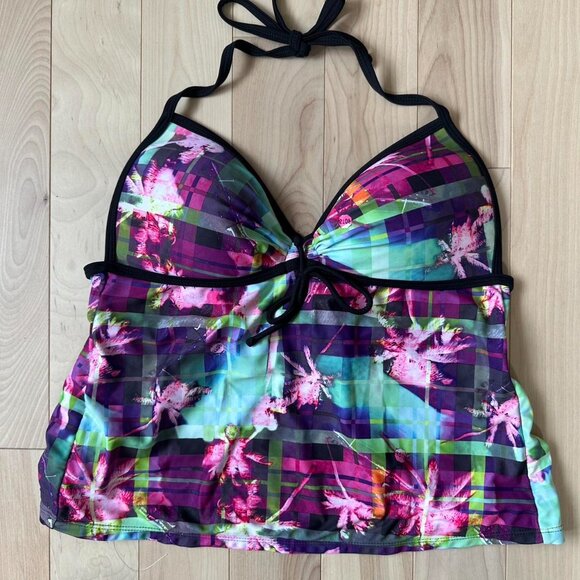 Vintage OP Halter Tankini – palm tree Plaid, Open Back - Picture 2 of 7
